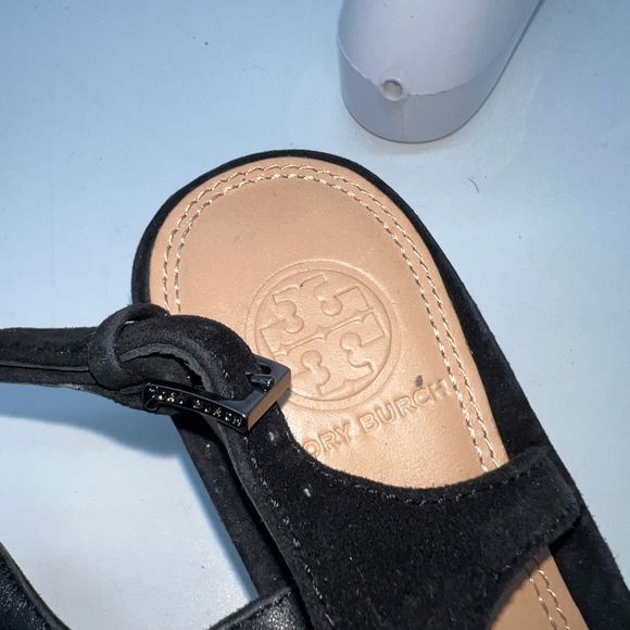 Tory Burch Suede T Strap Rhinestone Logo Sandals - Picture 15 of 15